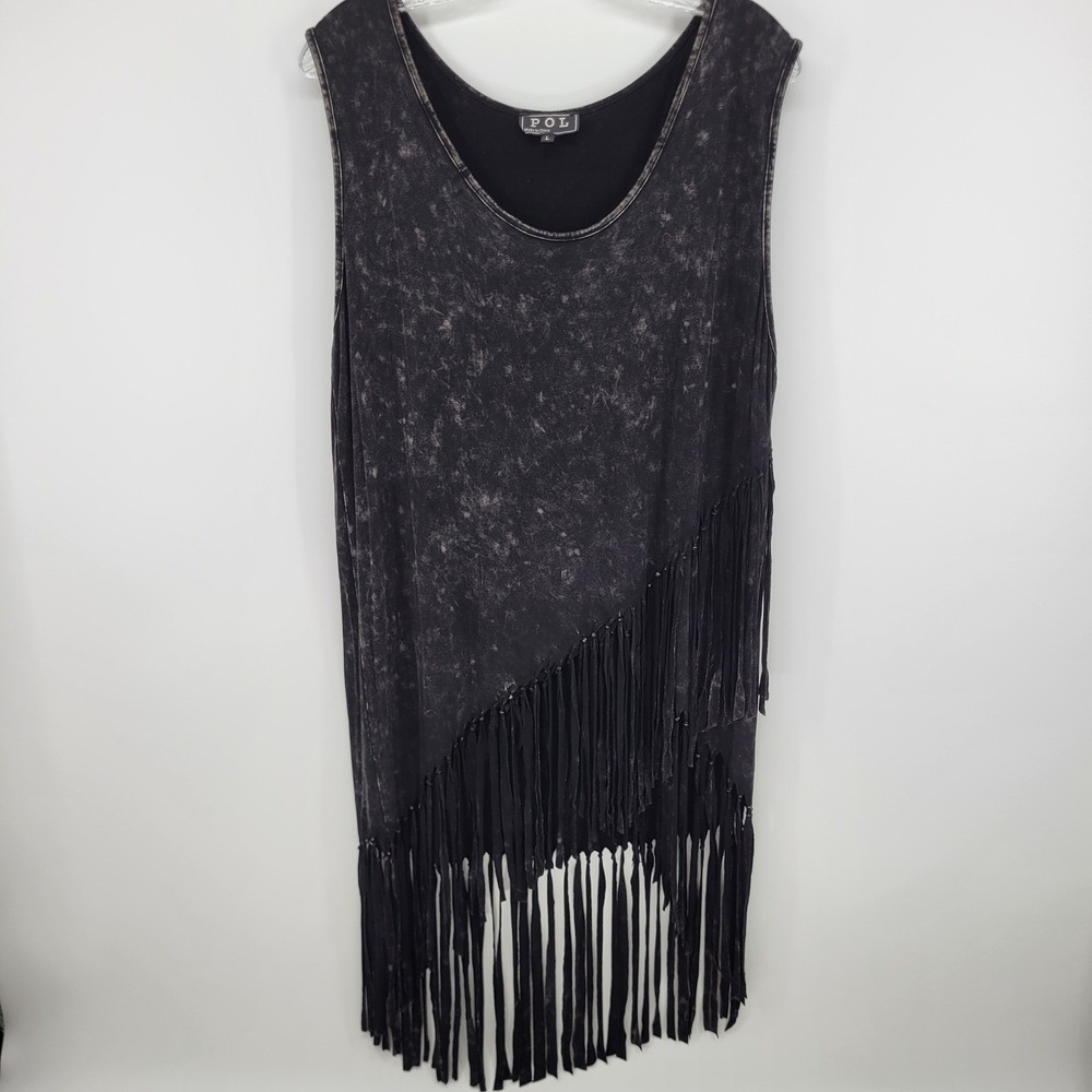 POL Womens Acid Wash Fringe Tunic Top Charcoal Gray Sleeveless Boho Festival L